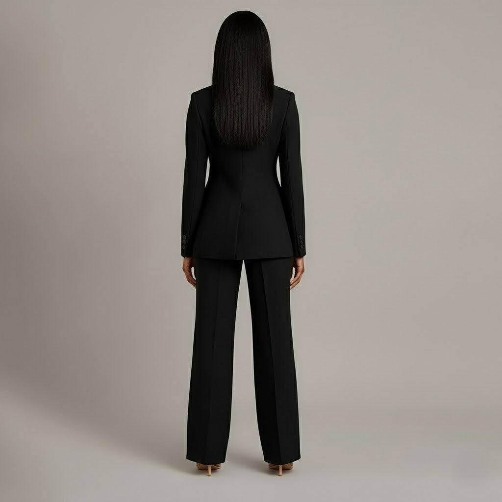 Stylish women's long formal suit for professionals, exuding confidence and elegant business attire.