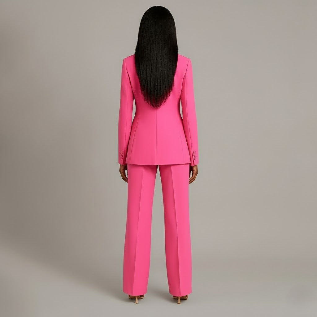 Detail of the longline blazer of a women's formal power suit, tailored for a professional silhouette.