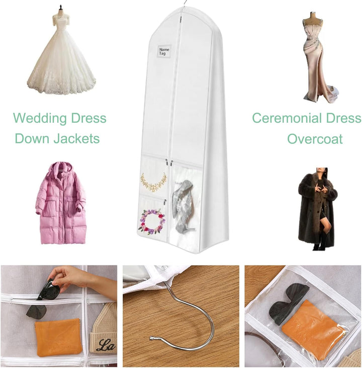 Spacious bridal gown garment bag for safe, dustproof storage of wedding dresses & formalwear. Protects special occasion attire.