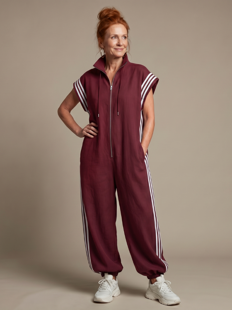 Full-length women's jumpsuit, sporty side stripe, high neck, cap sleeve, relaxed fit.