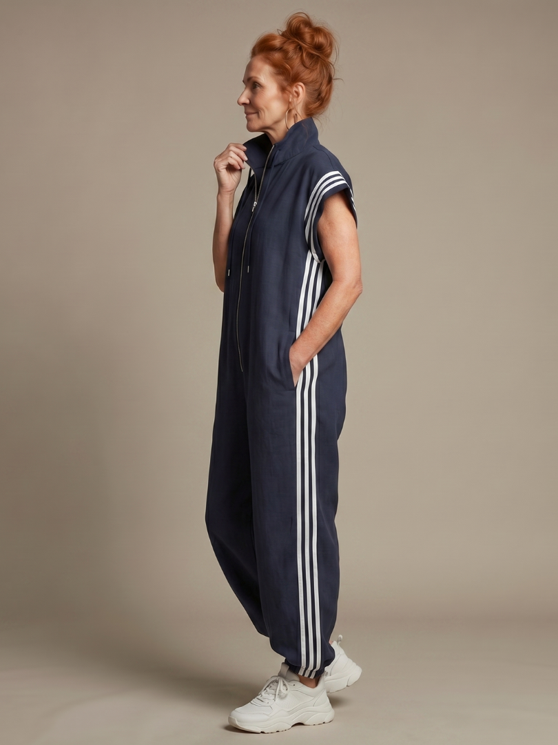 Women's full-length casual jumpsuit, cap sleeve, high neck, trendy side stripe design.