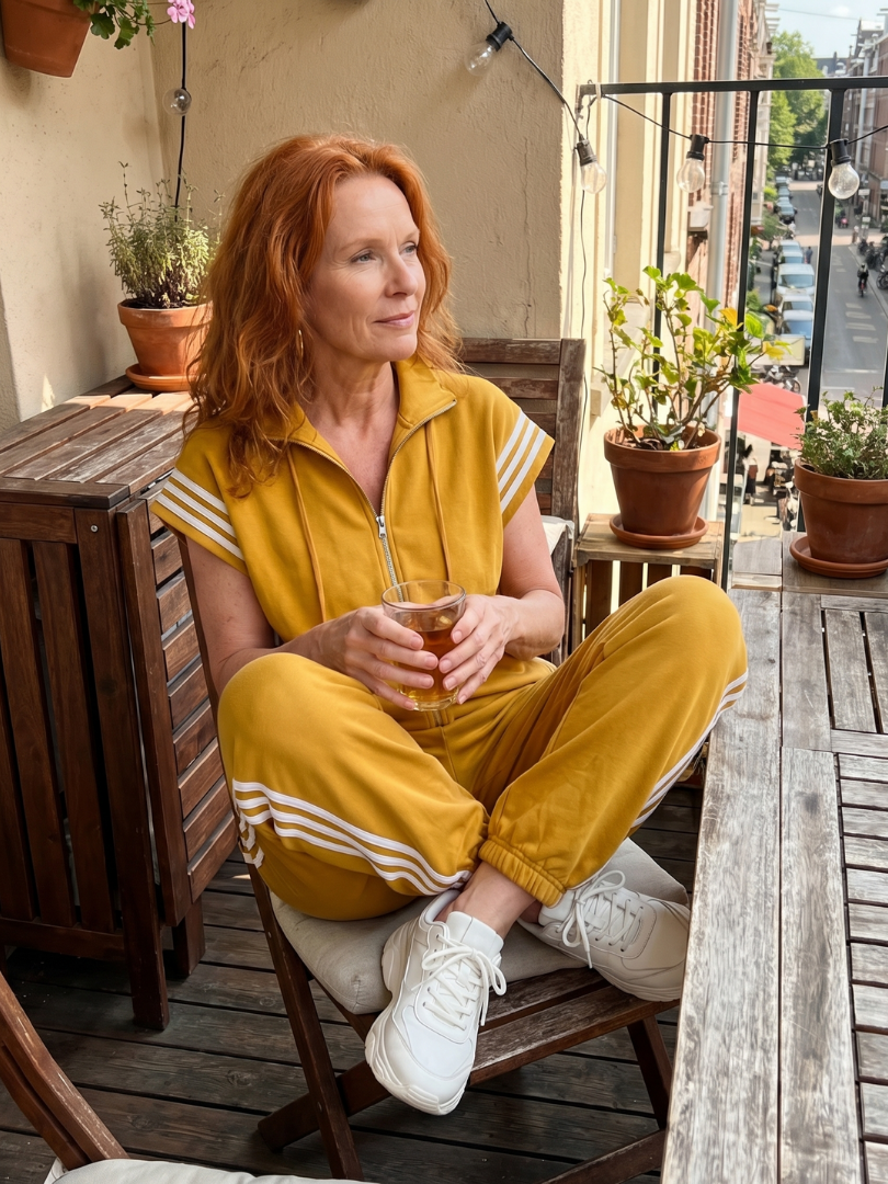 Women's full-length casual jumpsuit, cap sleeve, high neck, trendy sporty side stripe.