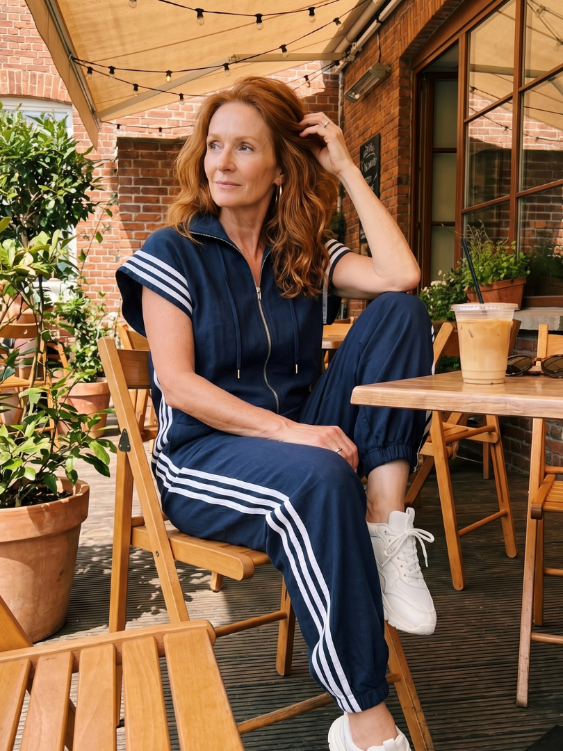 Full-length women's sporty jumpsuit, relaxed fit, zip front, modern side stripe.