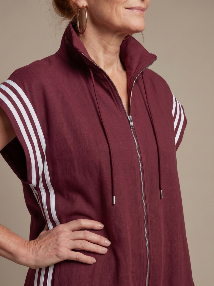 Women's casual full-length jumpsuit, zip front, high neck, cap sleeve, stylish side stripe.