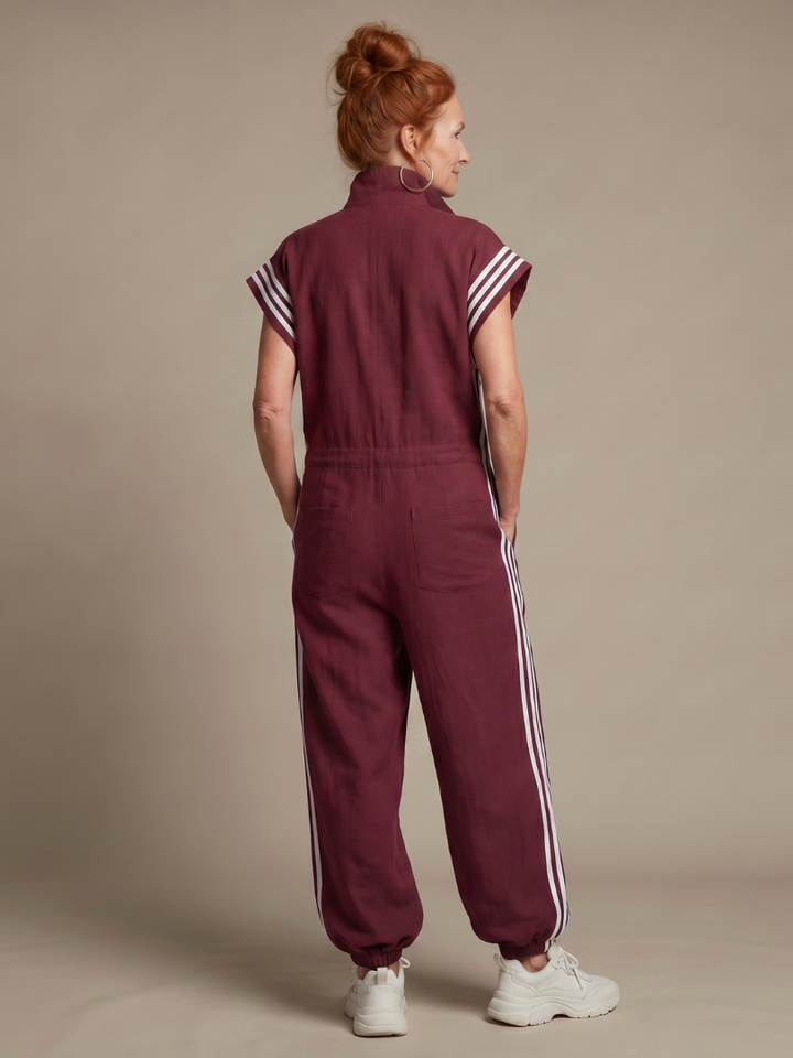 Versatile women's fashion jumpsuit, full length, sporty side stripe, comfortable relaxed fit.