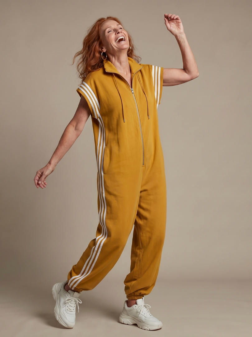 Elegant women's full-length jumpsuit, cap sleeve, high neck, eye-catching side stripe design.