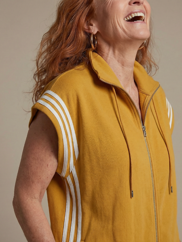 Relaxed fit full-length jumpsuit for women, sporty side stripe, high neck, cap sleeve.