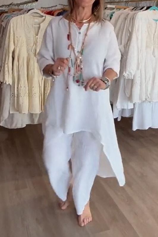 Full view of women's chic outfit set, elegant matching two-piece for versatile daily wear.