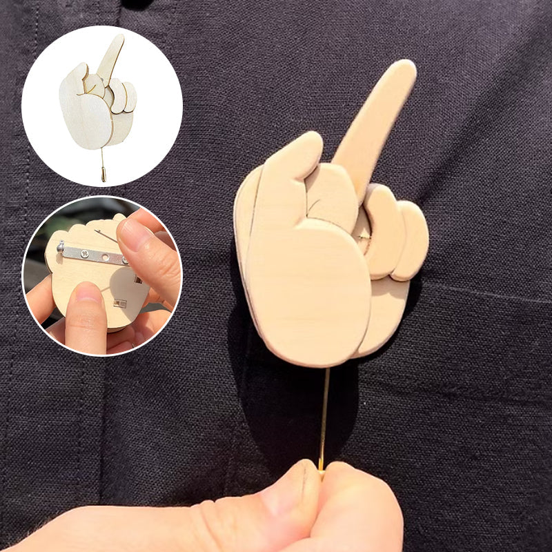Funny wooden flippable finger brooch, a humorous accessory and stress relief novelty pin for adults, gag gift.