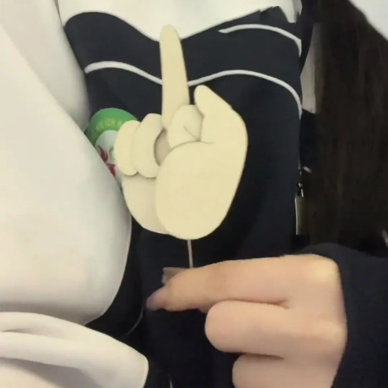 Packaging for the DIY humorous wooden flippable finger brooch kit, a unique jewelry and funny gift.