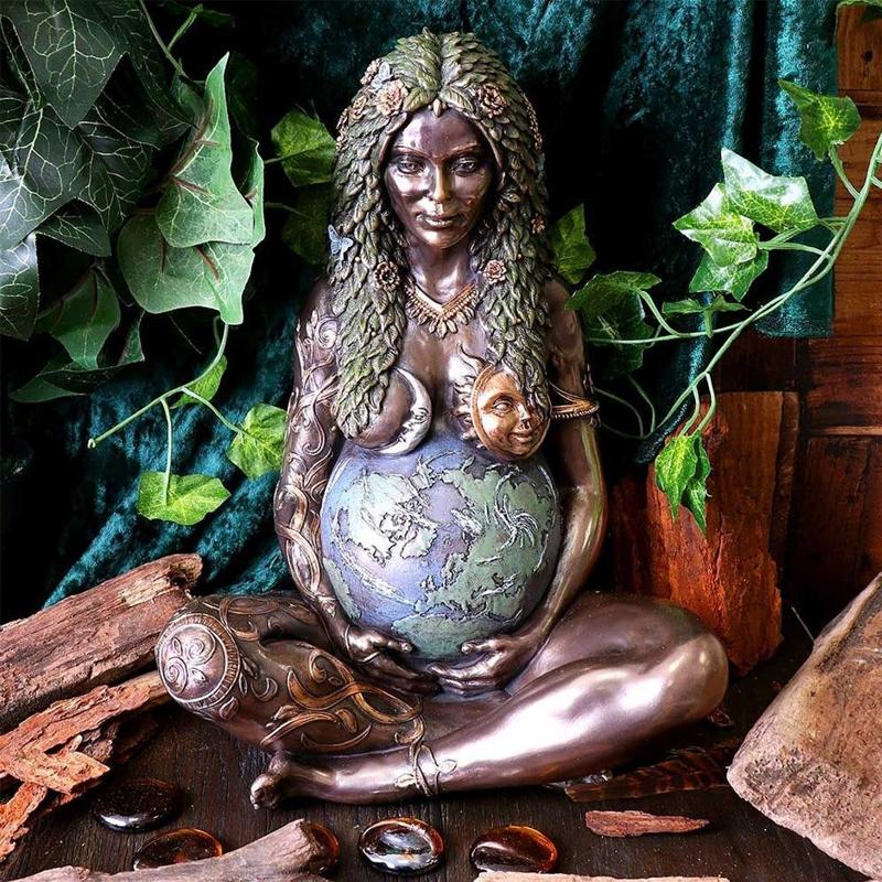 Gaia Earth Mother Goddess statue, bronze resin finish, symbolizing nature's embrace, spiritual home decor
