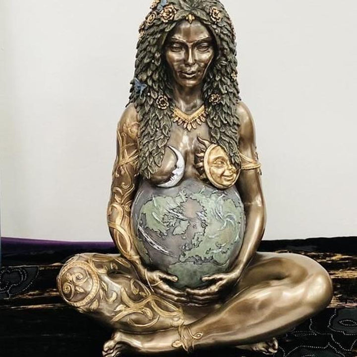 Elegant Gaia goddess statue, serene expression, representing new beginnings in a bronze finish