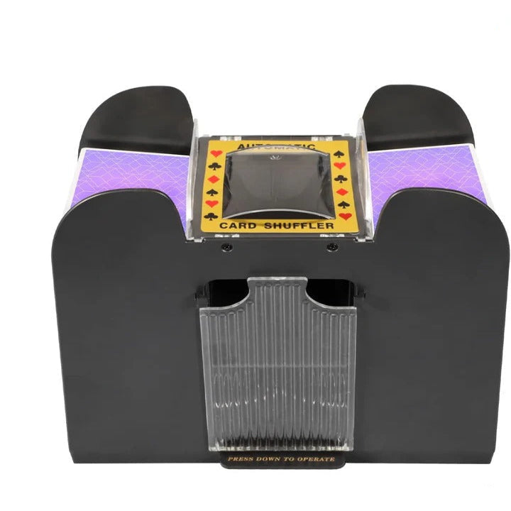 Portable electric card shuffler, a handy card game accessory for bridge, UNO, and more.
