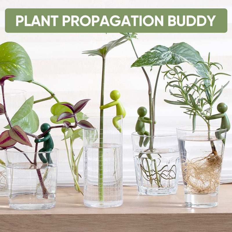 A hand demonstrating how to attach a Plant Propagation Buddy clip to a delicate plant stem