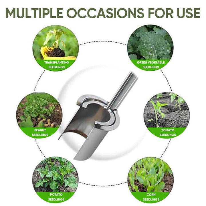 A close view of the planting tool demonstrating its soil-piercing capability