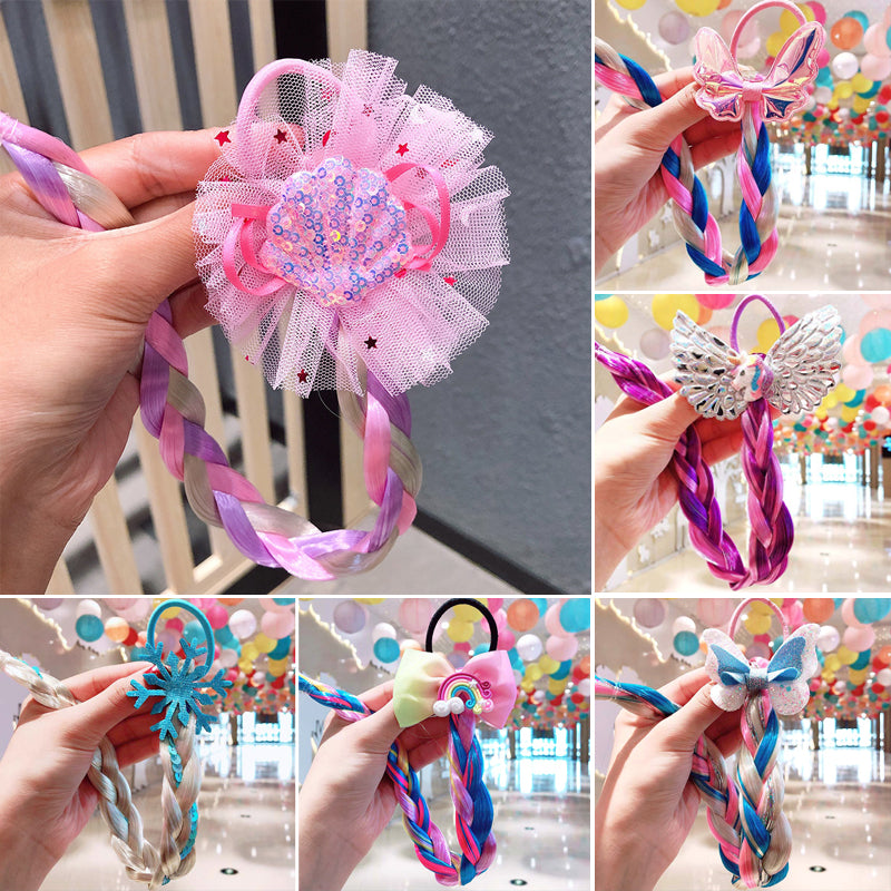 Close-up of a vibrant braided hair extension with multiple colors for girls' hair