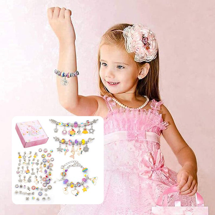 Girls' DIY Charm Bracelet Making Kit with colorful beads, charms & tools for creative jewelry.