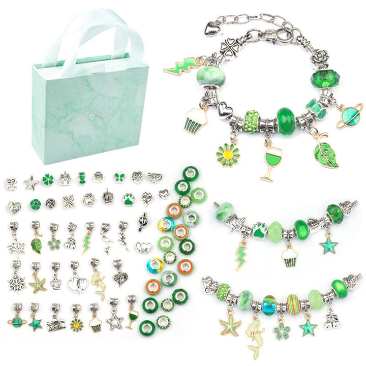 Overhead shot of all components of the Girls' DIY Charm Bracelet Making Kit laid out.