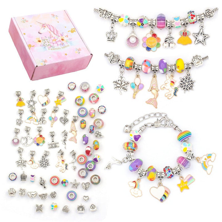 A stack of completed, unique charm bracelets made using the Girls' DIY Craft Kit.