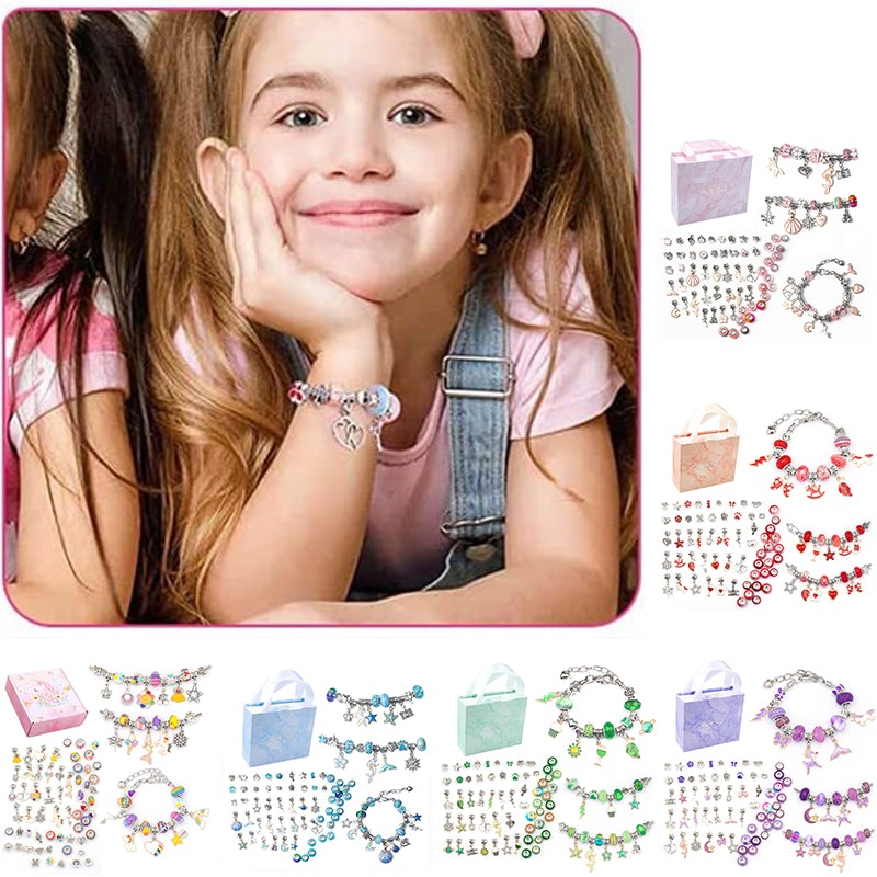 Open Girls' DIY Charm Bracelet Making Kit, showcasing various beads, charms, and elastic cords.