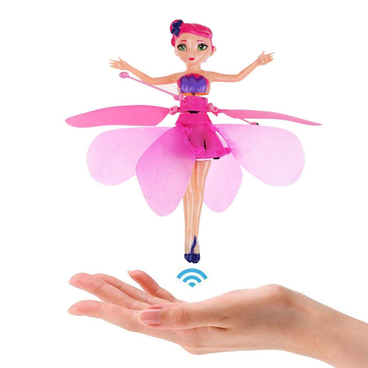 Girls' Enchanting Flying Fairy Doll with spinning wings and LED lights mid-flight, interactive toy