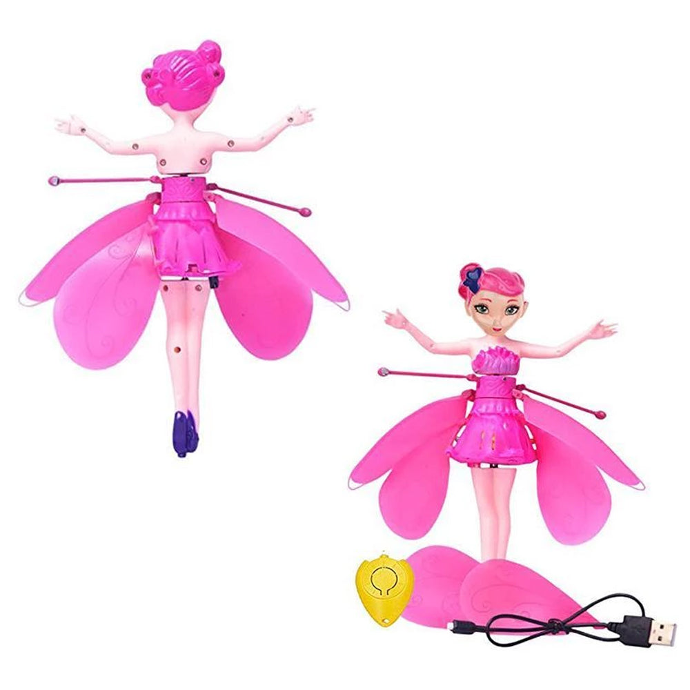 Close-up of a pink Flying Fairy Doll, interactive toy with glistening wings and glowing lights