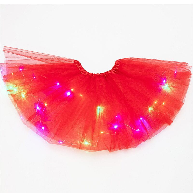 Front view of a girls' pink LED tutu skirt on a mannequin, glowing costume for kids