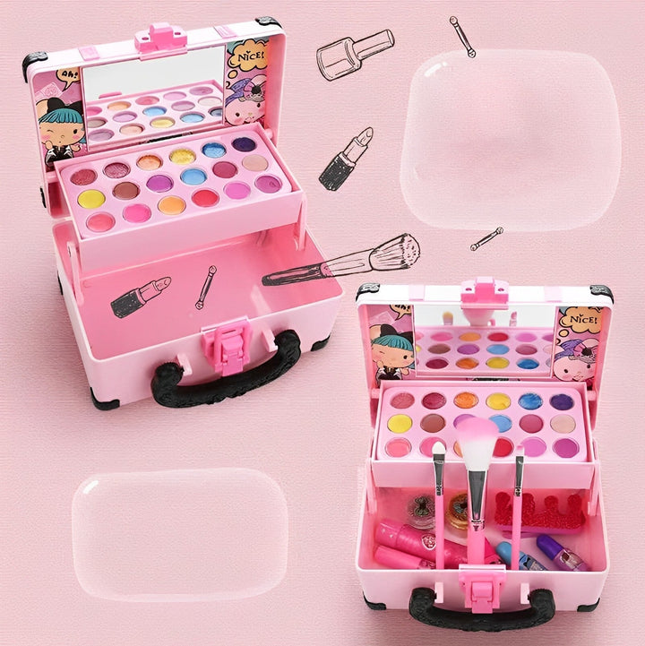 Washable makeup kit for kids, including nail polish and lip gloss, in a pink portable case