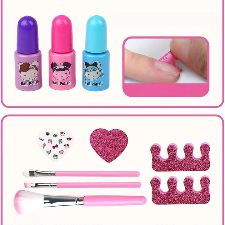 Play makeup kit for girls, showing easy-to-wash-off cosmetics in a cute pink case