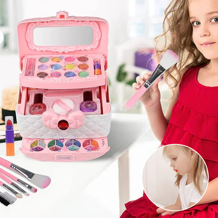 Close-up of a non-toxic girls play makeup kit with eyeshadows, lipstick, and brushes in a pink case