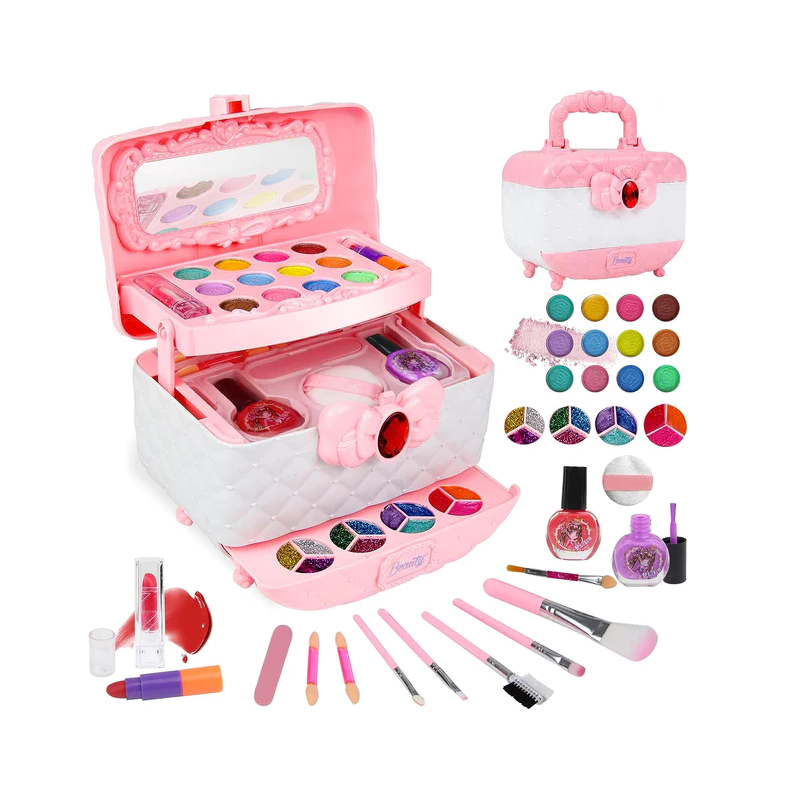 Open view of a washable play makeup kit for kids, showcasing vibrant eyeshadows and lip balms