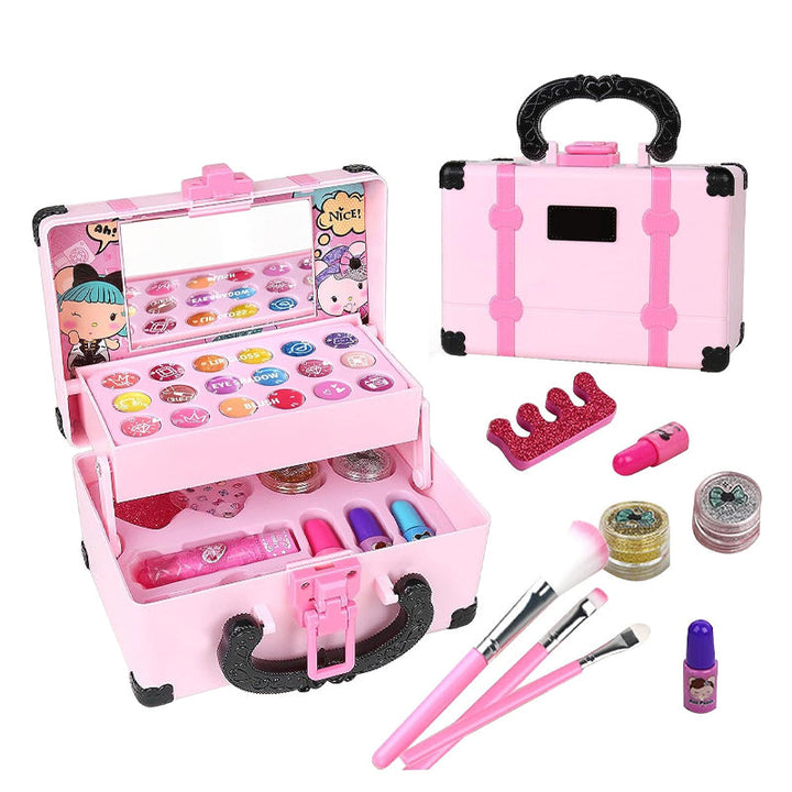 Two girls sharing a portable washable play makeup kit, a perfect non-toxic beauty gift