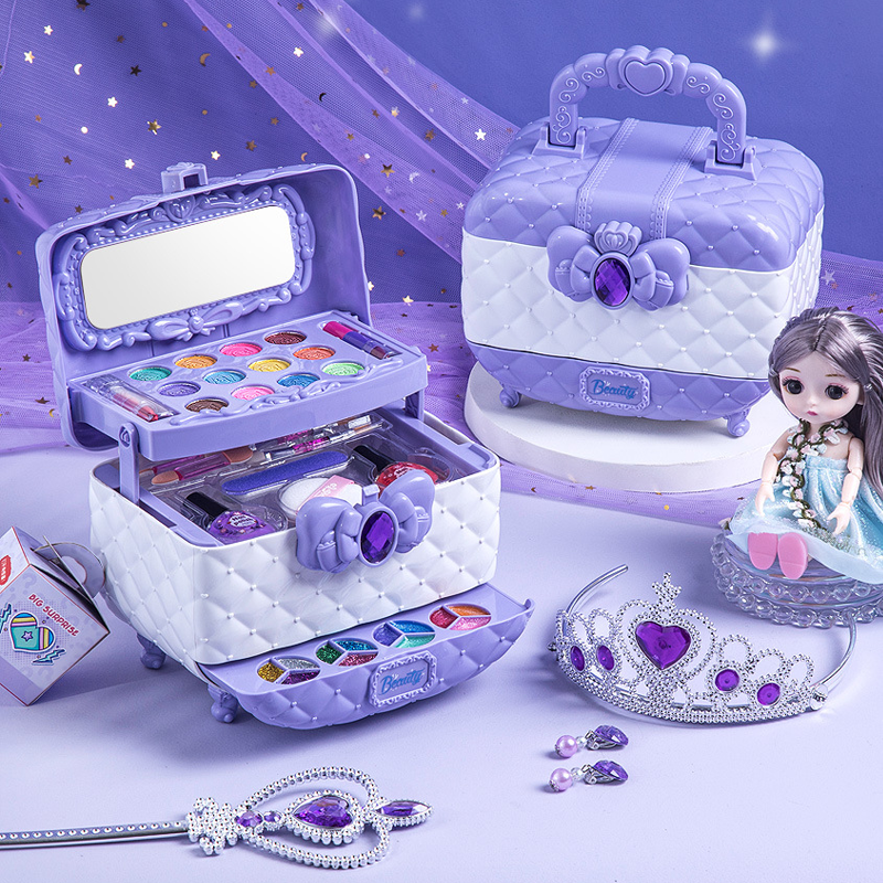 Open portable case of kids play makeup, showing colorful and safe cosmetics for girls