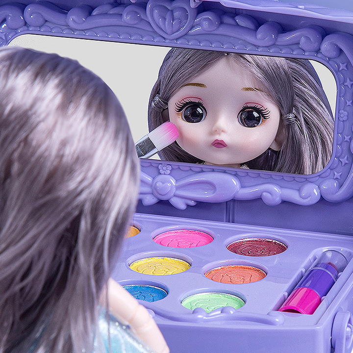 Washable play makeup set for girls with a mirror and various non-toxic beauty products