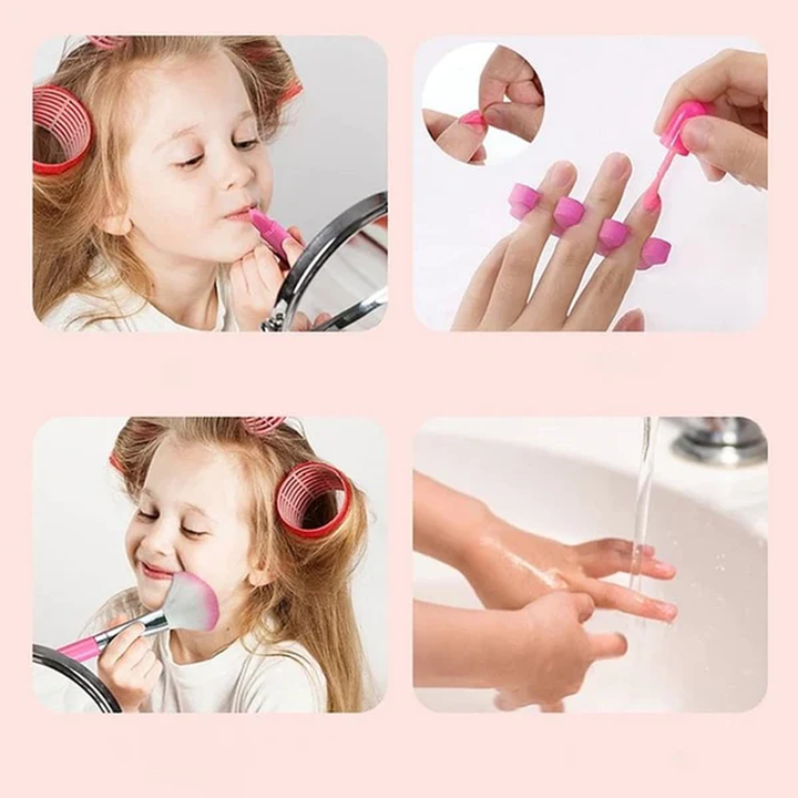 Close-up of a brush applying pretend blush from a girls play makeup set, educational fun