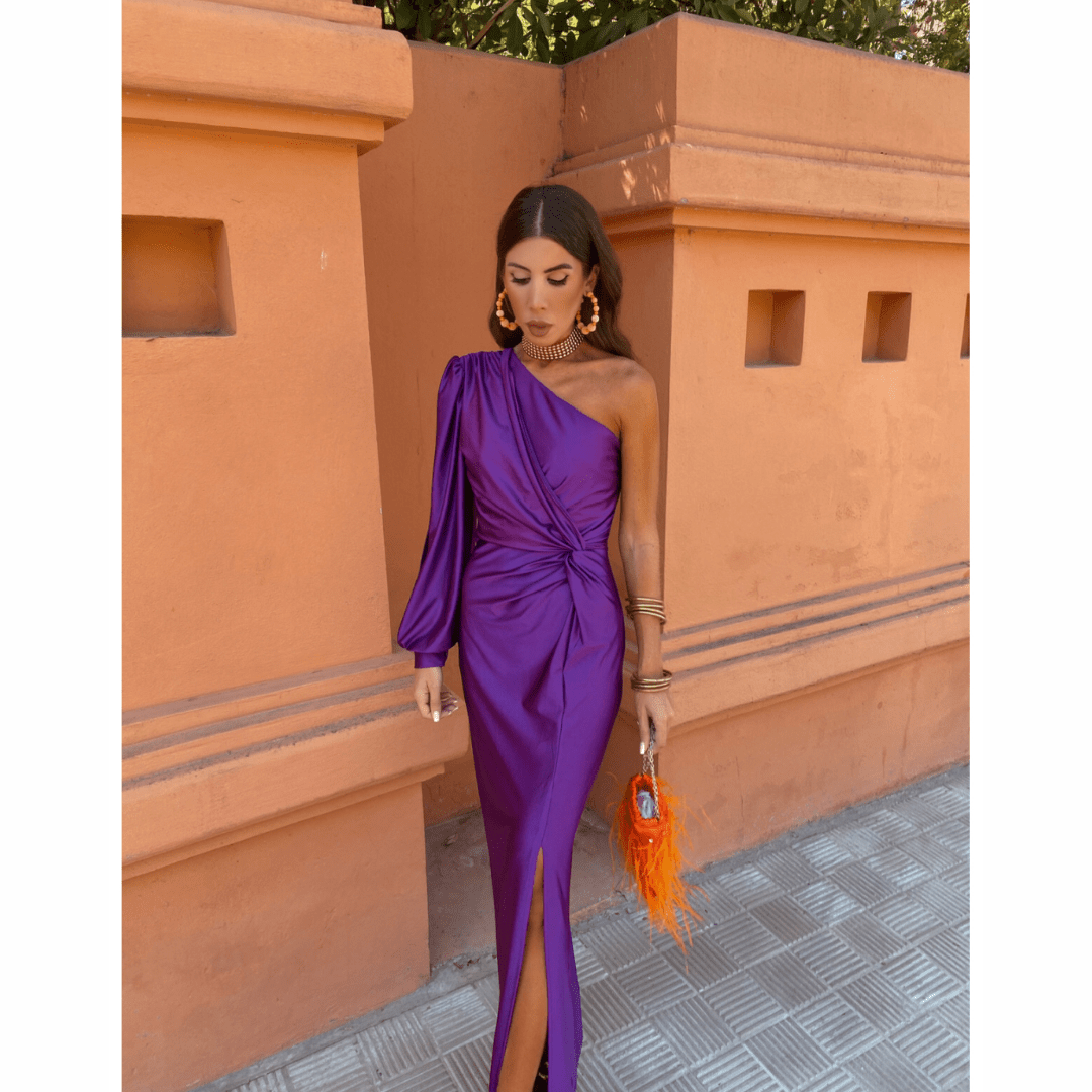 Elegant women's one-shoulder formal gown, a maxi dress perfect for wedding guests & evening wear.