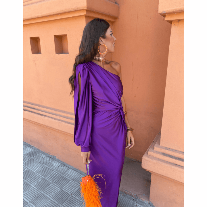 Women's glamorous one-shoulder maxi dress, a formal wedding guest outfit with elegant drape & slit.