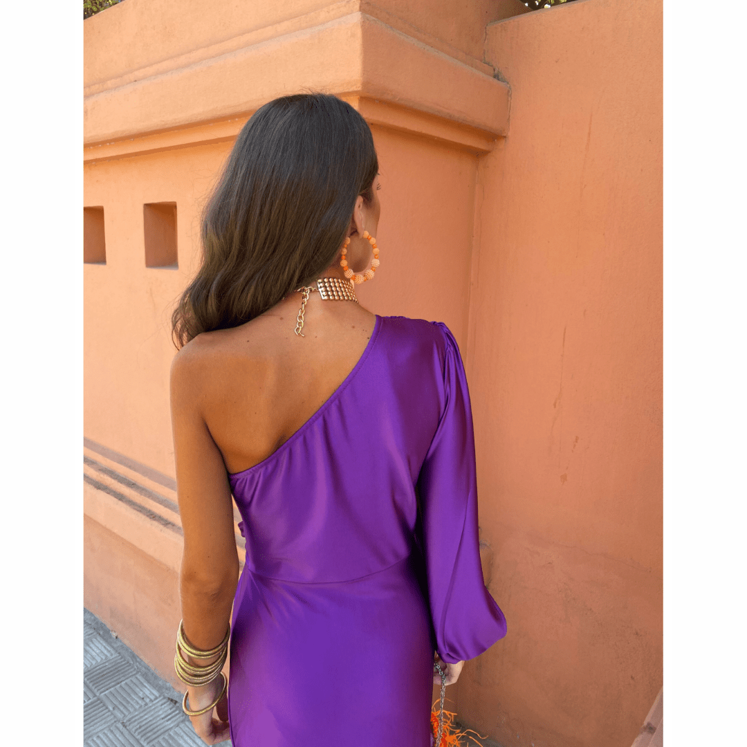 Sophisticated one-shoulder maxi wedding guest dress, a formal gown for special occasions.