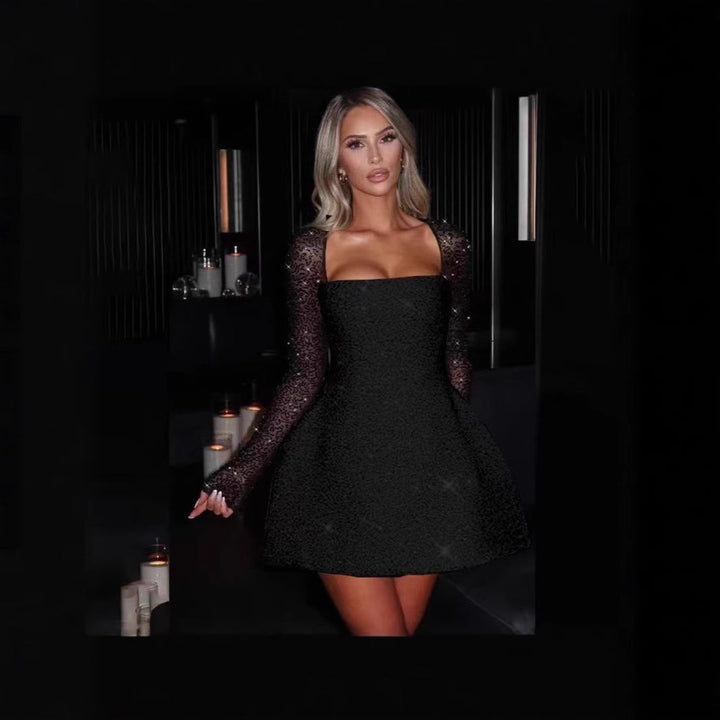 Glamorous women's mini dress with sheer sleeves, tailored fit, perfect for elegant evening parties & special occasions.