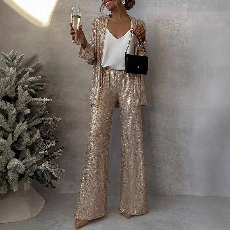 Stylish women's statement sequin trousers set, ideal for glamorous evening events & special occasions.