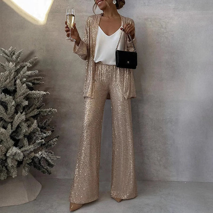 Stylish women's statement sequin trousers set, ideal for glamorous evening events & special occasions.