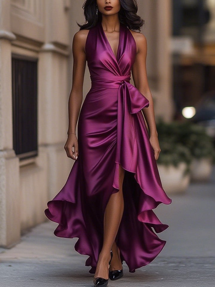 Long women's elegant wrap maxi dress, deep V-neck, luxurious for evening wear, galas & formal parties.