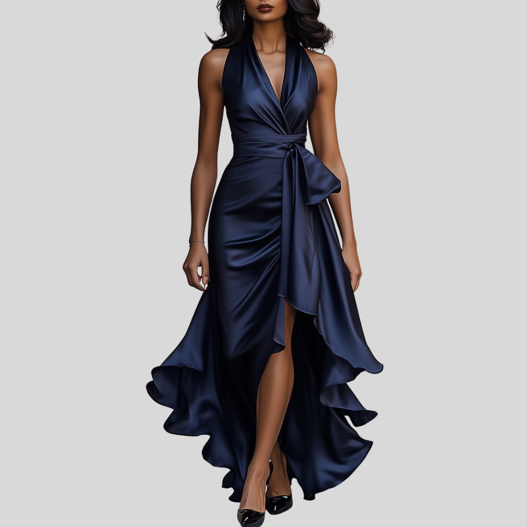 Elegant wrap maxi dress for women, featuring a deep V-neckline & high slit, ideal for gala outfits.