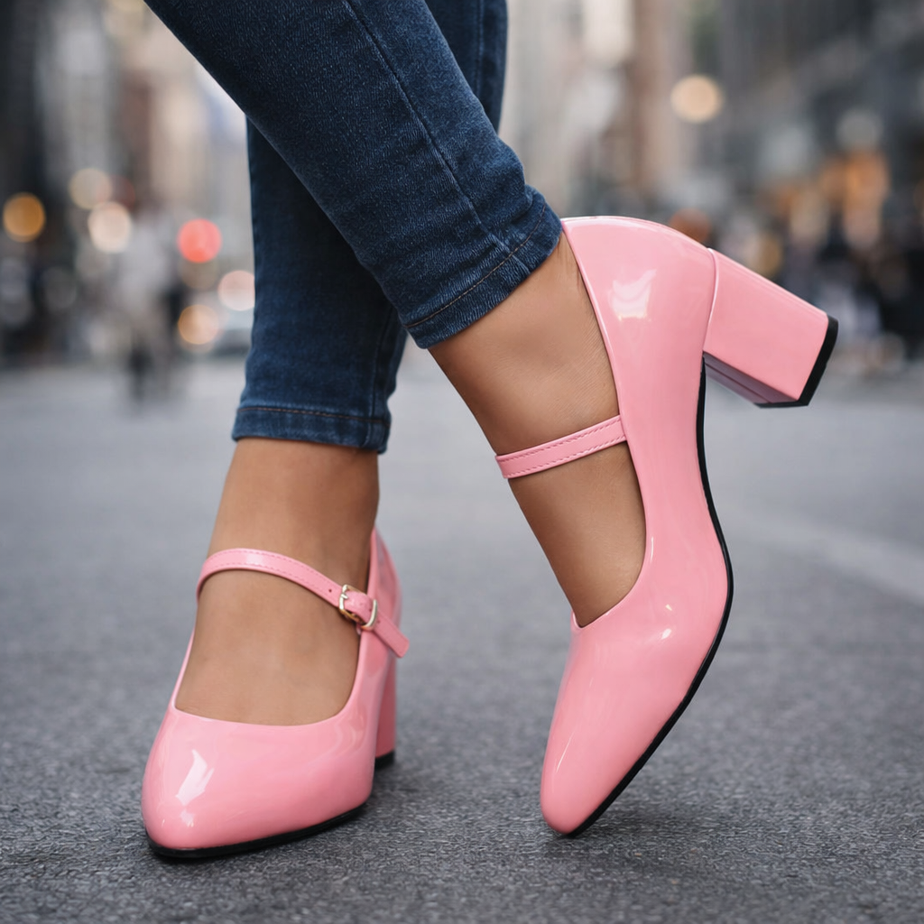 Glossy black block heel Mary Jane pumps for women, elegant evening dress shoes.