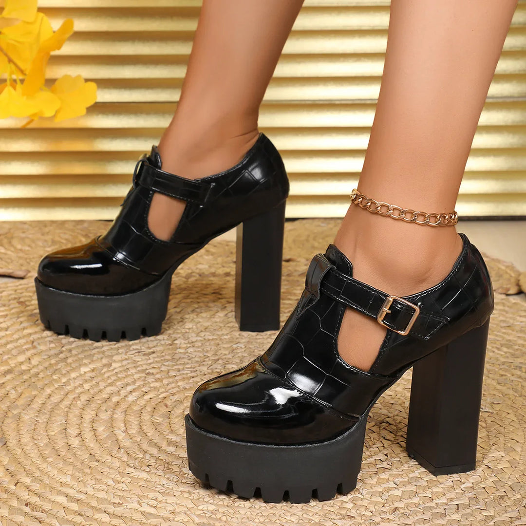 Sophisticated women's glossy platform heels with an elegant cutout design, perfect for dressy outfits, block heel.