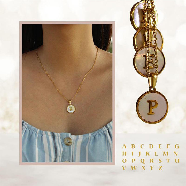 Gold-plated initial necklace with a round shell pendant, 'A' inscribed, delicate jewelry for women, fashion accessory