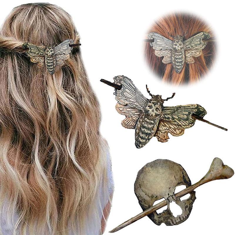 Women's gothic moth hair pin, detailed faux bone wing design, metal hair accessory, ideal for Halloween fashion.
