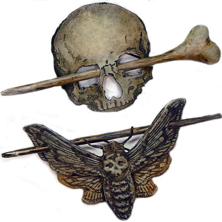 Elegant gothic moth hair pin for women, vintage-inspired metal with elaborate faux bone, perfect for dark fashion.