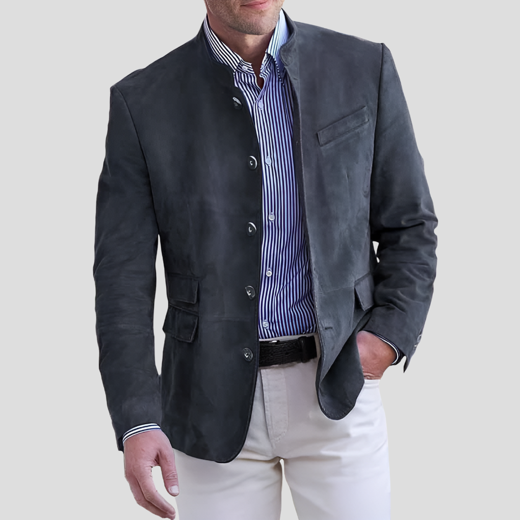 Blue women's fashionable mid-season jacket with button-up front, stand collar, and a smart tailored fit.