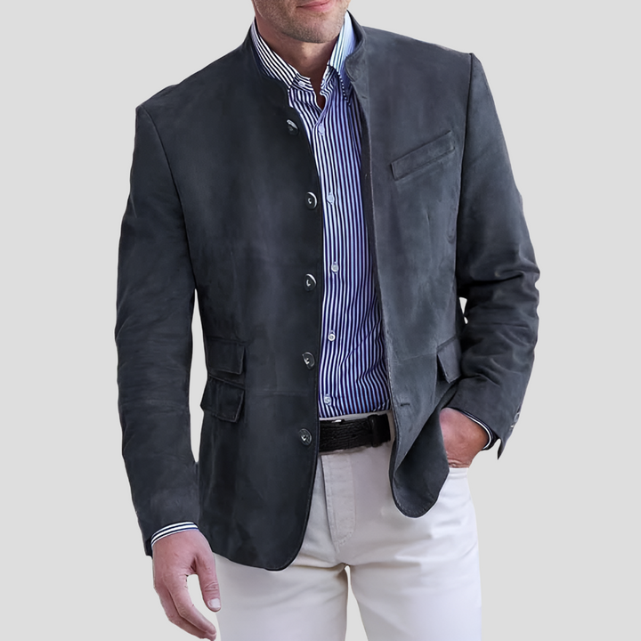 Blue women's fashionable mid-season jacket with button-up front, stand collar, and a smart tailored fit.
